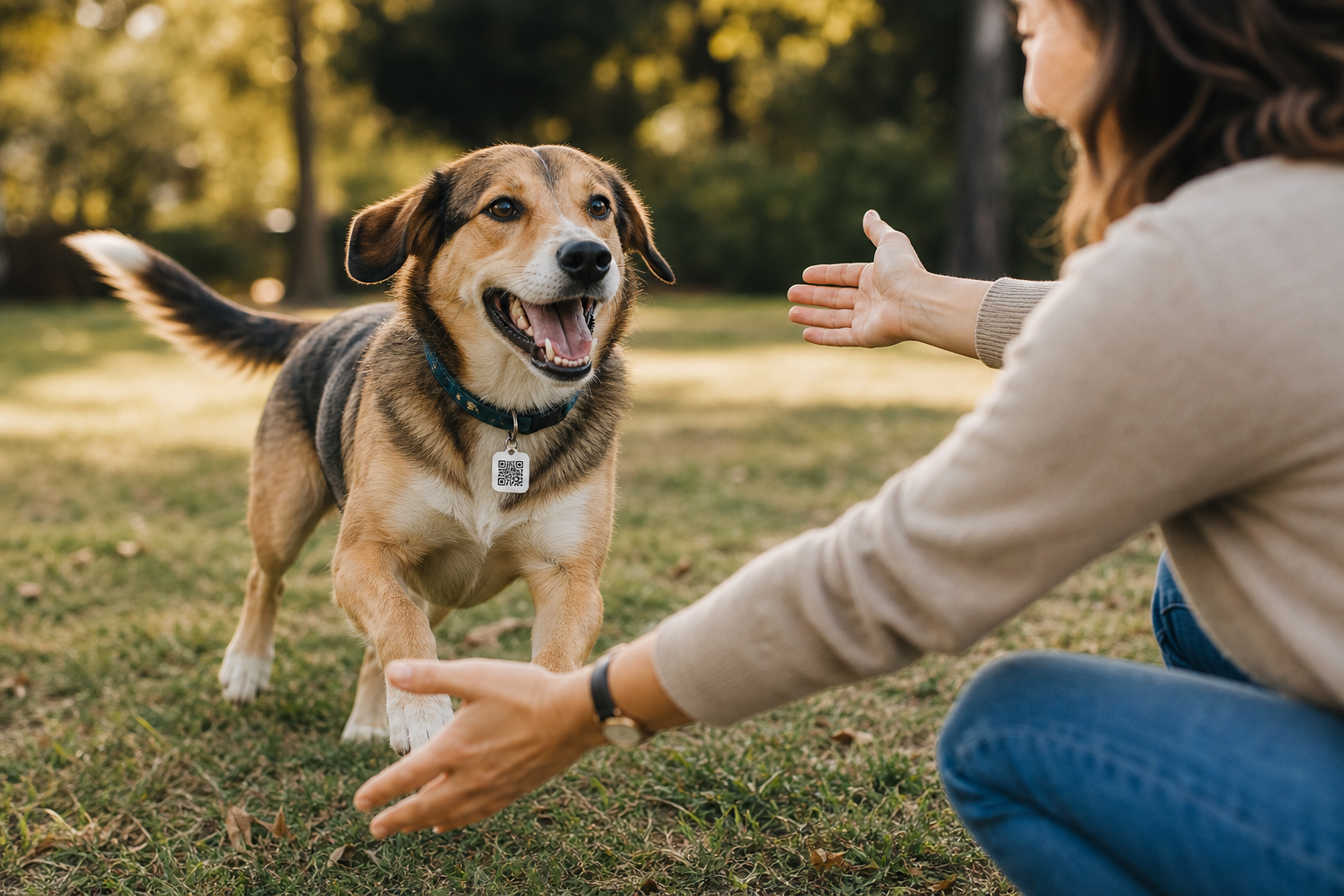 Cachorro com tag QR voltando para os braços da tutora
